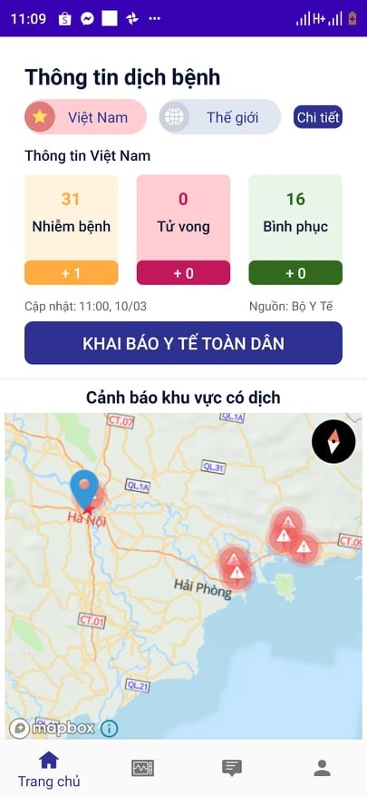Ứng dụng NCOVI có chức năng cảnh báo khu vực có dịch cho phép người dân biết khu vực nào đang có dịch để chủ động phòng tránh.(Ảnh chụp màn hình)