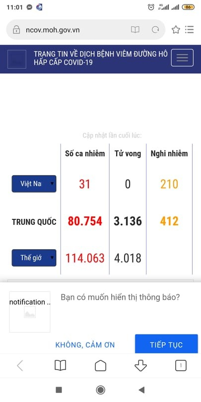 Khi người dùng cần thêm thông tin về dịch bệnh có thể click vào mục Chi tiết. Ứng dụng sẽ dẫn thẳng sang trang web của Bộ Y tế.(Ảnh chụp màn hình)