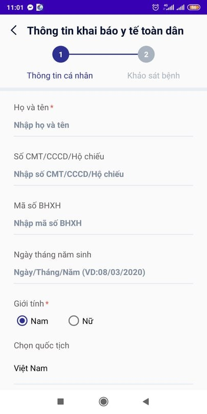 Giao diện tờ khai y tế toàn dân.(Ảnh chụp màn hình)