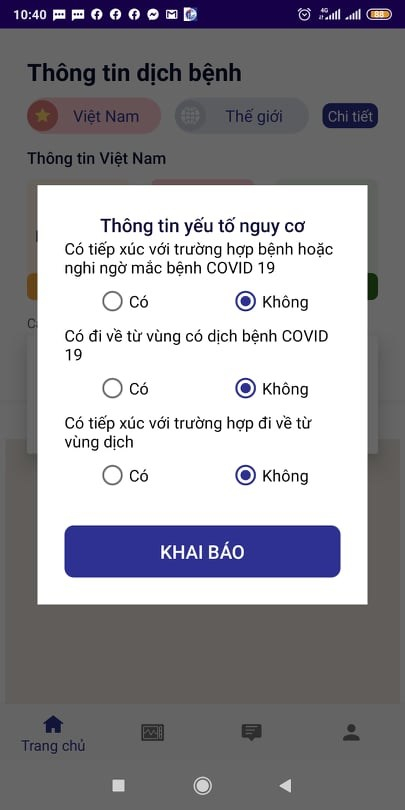 Người dùng phải khai báo một cách trung thực các tình trạng sức khỏe cá nhân.(Ảnh chụp màn hình)