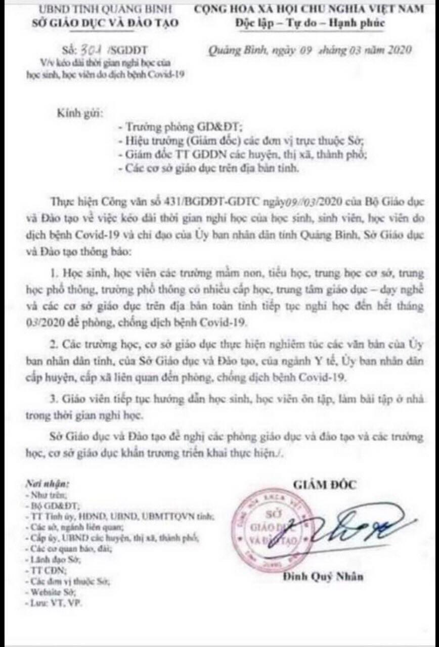 Văn bản giả mạo công văn của Sở GD-ĐT cho học sinh nghỉ học đến hết tháng 3.