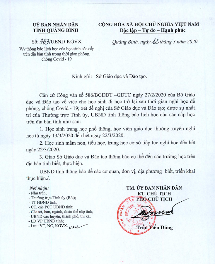 Công văn của UBND tỉnh cho học sinh toàn tỉnh nghỉ học đến hết ngày 22-3-2020.