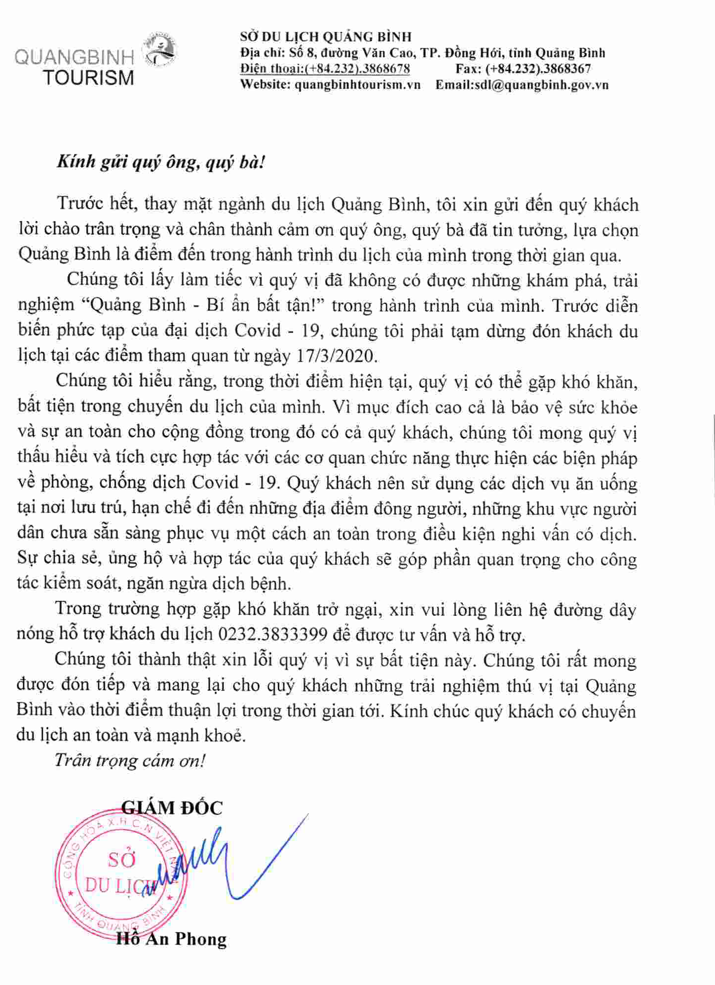 Nội dung bức thư của Giám đốc Sở du lịch gửi đến khách du lịch.