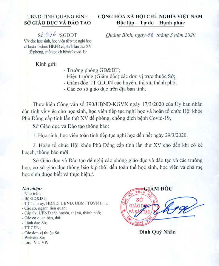 Thông báo của Sở GD-ĐT cho học sinh toàn tỉnh nghỉ học đến hết ngày 29-3-2020.