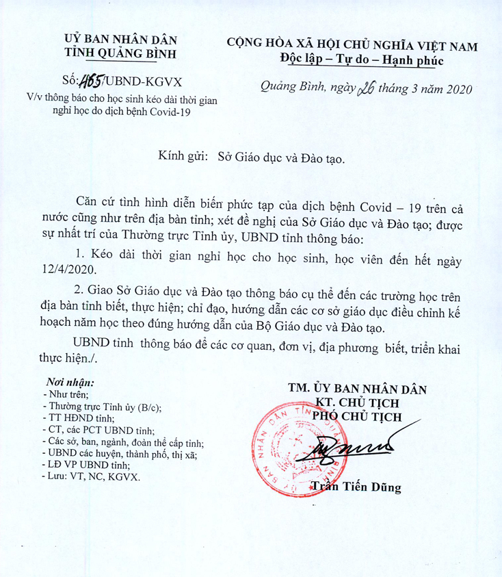 Công văn của UBND tỉnh cho học sinh, học viên toàn tỉnh nghỉ học đến hết ngày 12-4-2020.