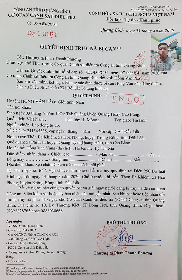 Quyết định truy nã Hồng Văn Páo