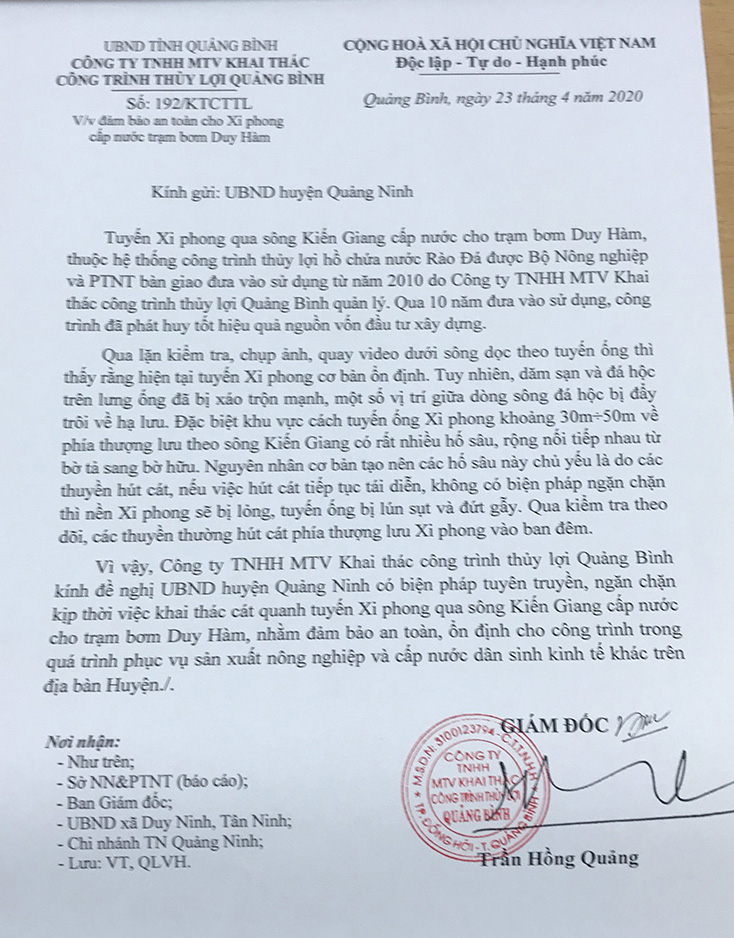 Công văn của đơn vị quản lý gửi UBND huyện Quảng Ninh về việc đề nghị đảm bảo an toàn cho tuyến xi phông cấp nước cho trạm bơm Duy Hàm. 