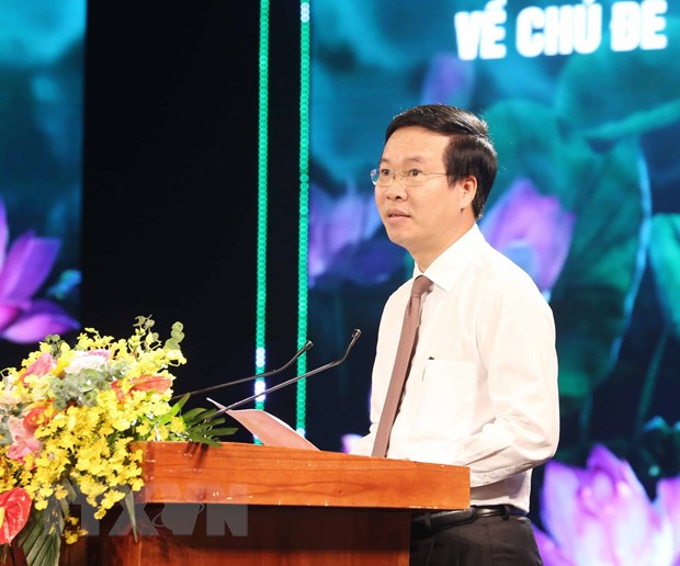   Ông Võ Văn Thưởng, Ủy viên Bộ Chính trị, Bí thư Trung ương Đảng, Trưởng Ban Tuyên giáo Trung ương phát biểu khai mạc. (Ảnh: Phương Hoa/TTXVN)