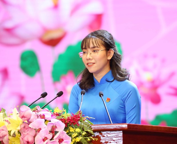 Sinh viên Huỳnh Mạnh Phương, Đại học Kinh tế Luật Thành phố Hồ Chí Minh, đại diện thế hệ trẻ Việt Nam phát biểu. (Ảnh: Phương Hoa/TTXVN)