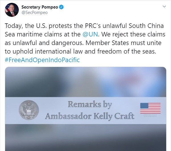 Dòng trạng thái trên Twitter của Ngoại trưởng Pompeo.