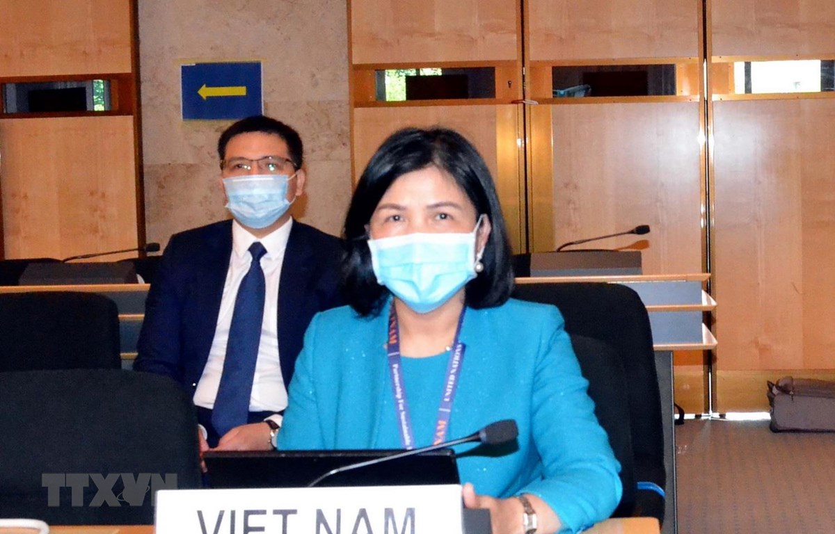 Đại sứ Lê Thị Tuyết Mai, Trưởng Phái đoàn đại diện thường trực Việt Nam tham dự và phát biểu tại phiên họp Khóa 44 Hội đồng Nhân quyền LHQ ngày 30-6. (Ảnh: Tố Uyên/TTXVN)