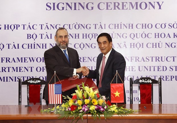 Khung hợp tác tăng cường tài chính cho cơ sở hạ tầng VIệt Nam được ký kết giữa Bộ Tài chính Việt Nam và Bộ Tài chính Hoa Kỳ, ngày 6-11-2019, tại Hà Nội, góp phần hình thành cơ chế chính sách tài chính để huy động nguồn vốn từ khu vực tư nhân và phát triển thị trường tài chính cho việc phát triển cơ sở hạ tầng thời gian tới, góp phần thúc đẩy quan hệ hợp tác song phương hai nước. (Ảnh: Phạm Hậu/TTXVN)