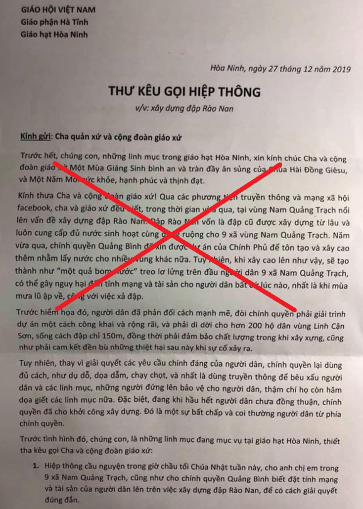 Về cái gọi là “Thư kêu gọi hiệp thông v/v xây dựng đập Rào Nan”.