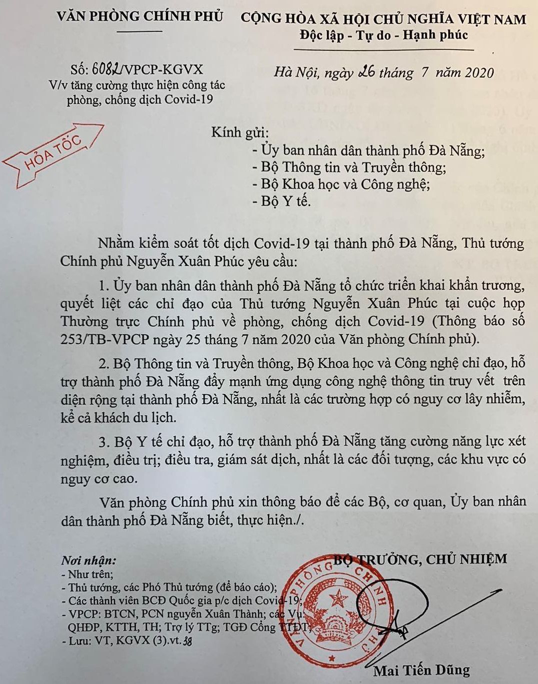  Văn bản hỏa tốc chỉ đạo tăng cường công tác phòng chống dịch COVID-19. Ảnh VGP