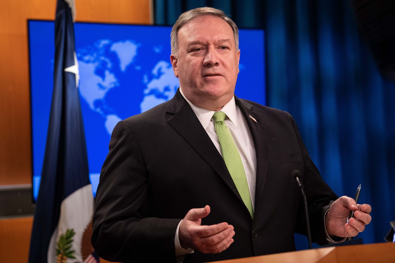   Ngoại trưởng Mỹ Mike Pompeo phát biểu tại cuộc họp báo ở Washington, DC. Ảnh: AFP/TTXVN