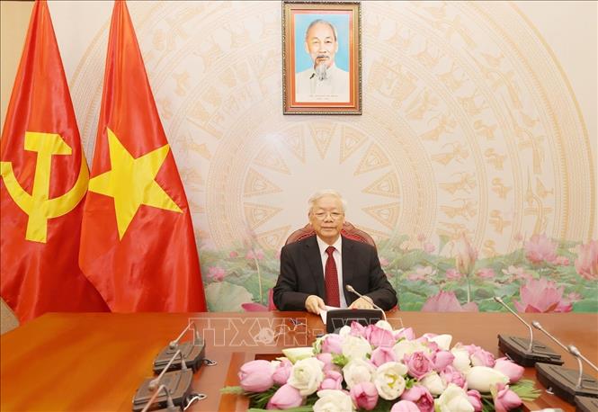 Tổng Bí thư, Chủ tịch nước Nguyễn Phú Trọng điện đàm trực tiếp với Tổng Bí thư, Chủ tịch nước Lào Bounnhang Vorachith. Ảnh: Trí Dũng/TTXVN