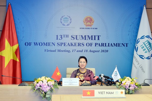 Chủ tịch Quốc hội Nguyễn Thị Kim Ngân tại Hội nghị trực tuyến các Nữ Chủ tịch Quốc hội thế giới lần thứ 13. (Ảnh: Trọng Đức/TTXVN)