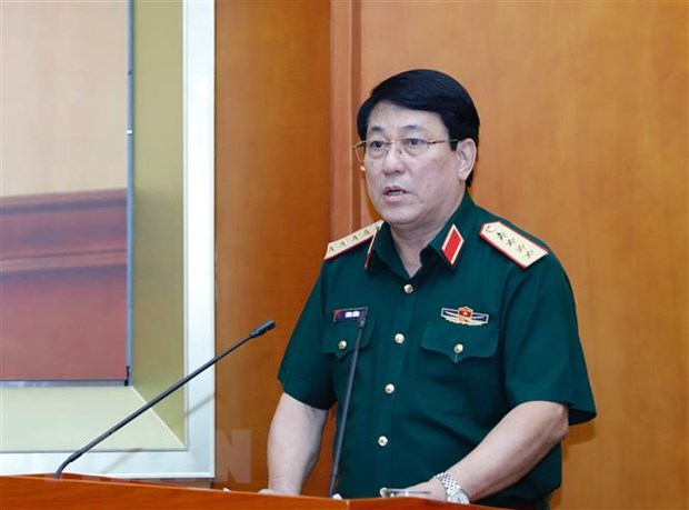Đại tướng Lương Cường, Bí thư Trung ương Đảng, Chủ nhiệm Tổng cục Chính trị Quân đội nhân dân Việt Nam, Chủ nhiệm Uỷ ban Kiểm tra Đảng bộ Quân đội báo cáo tổng kết công tác kiểm tra, giám sát và thi hành kỷ luật giai đoạn 2015-2020. (Ảnh: Dương Giang/TTXVN)