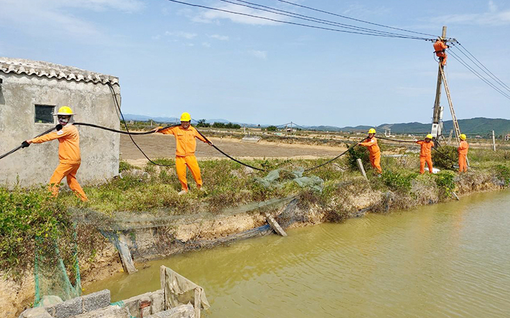 Công nhân ngành Điện lực Bố Trạch kiểm tra, bảo dưỡng, tu sửa đường điện trước mùa mưa bão đến. 