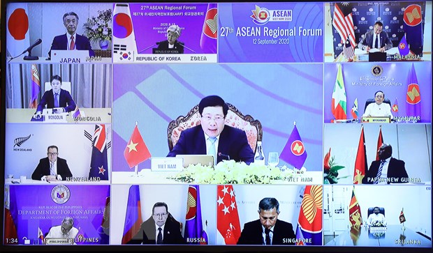  Đại diện các nước tham gia Diễn đàn Khu vực ASEAN lần thứ 27 theo hình thức trực tuyến. (Ảnh: Lâm Khánh/TTXVN)