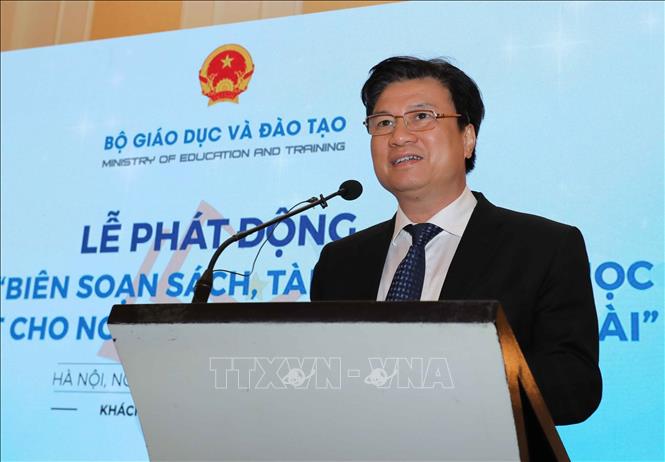  Thứ trưởng Bộ Giáo dục và Đào tạo Nguyễn Hữu Độ phát biểu tại lễ phát động. Ảnh: Thanh Tùng/TTXVN