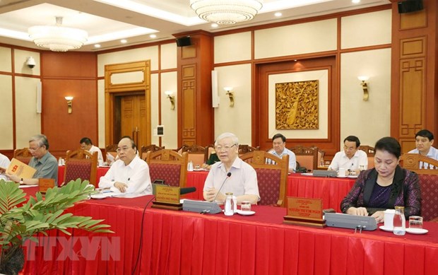 Tổng Bí thư, Chủ tịch nước Nguyễn Phú Trọng chủ trì buổi làm việc của tập thể Bộ Chính trị với Thường vụ Đảng ủy Công an Trung ương. (Ảnh: Phương Hoa/TTXVN)