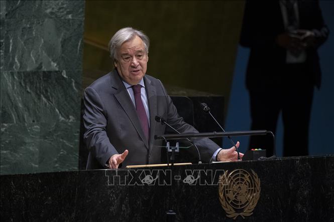 Tổng Thư ký Liên hợp quốc Antonio Guterres phát biểu trong phiên họp cấp cao Đại hội đồng Liên hợp quốc khóa 75 nhân kỷ niệm 25 năm Hội nghị thế giới lần thứ 4 về phụ nữ ngày 1-10-2020. Ảnh: Hữu Thanh/PV TTXVN tại New York