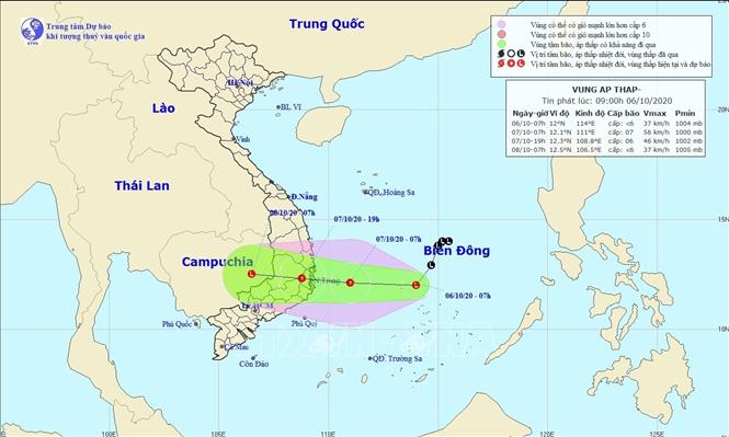 Bản đồ đường đi của áp thấp trên Biển Đông. Ảnh: TTXVN phát