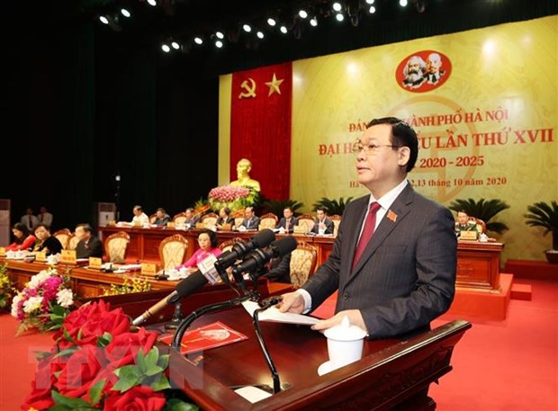 Ủy viên Bộ Chính trị, Bí thư Thành ủy Hà Nội Vương Đình Huệ phát biểu khai mạc Đại hội. (Ảnh: Trí Dũng/TTXVN)