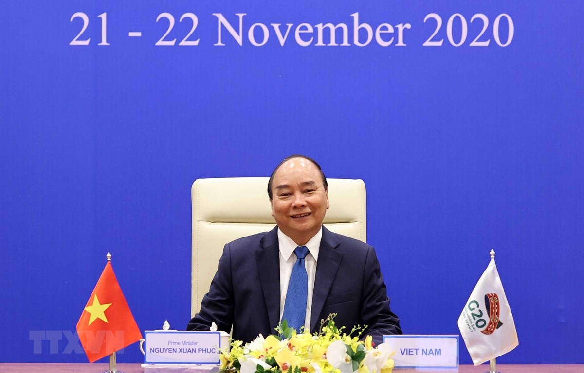 Thủ tướng Nguyễn Xuân Phúc phát biểu tại Hội nghị thượng đỉnh G20 trực tuyến. (Ảnh: Thống Nhất/TTXVN)