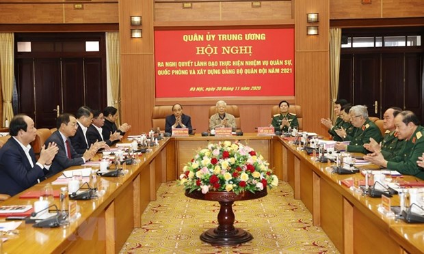 Tổng Bí thư, Chủ tịch nước Nguyễn Phú Trọng, Bí thư Quân ủy Trung ương chủ trì Hội nghị. (Ảnh: Trí Dũng/TTXVN)
