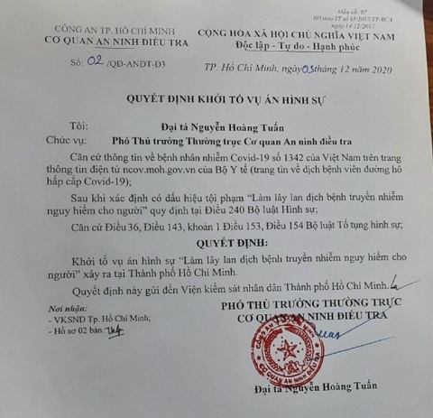 Quyết định khởi tố trường hợp bệnh nhân gây hậu quả nghiêm trọng khi lây lan dịch bệnh trong cộng đồng. 