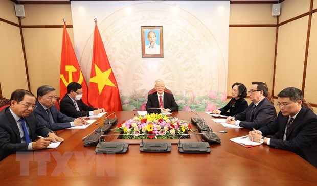 Tổng Bí thư, Chủ tịch nước Nguyễn Phú Trọng điện đàm với Bí thư Thứ nhất Ban chấp hành Trung ương Đảng Cộng sản Cuba Raul Castro Ruz. (Ảnh : Trí Dũng/TTXVN)