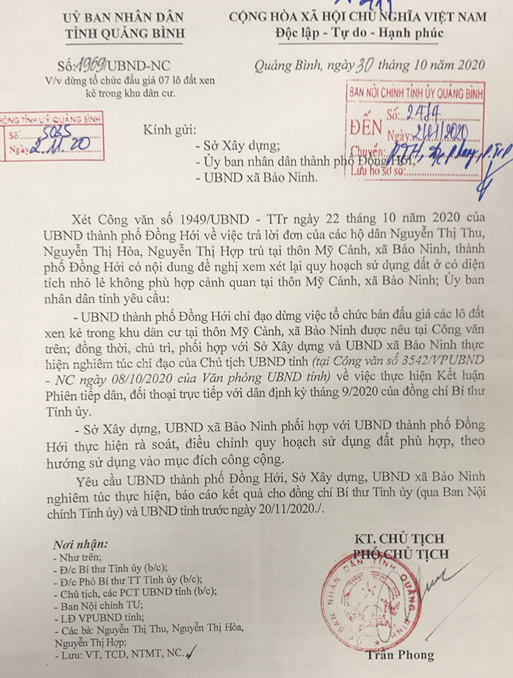 Công văn số 1969-CV/UBND-NC của UBND tỉnh yêu cầu UBND TP.Đồng Hới chỉ đạo dừng việc tổ chức bán đấu giá các lô đất trên