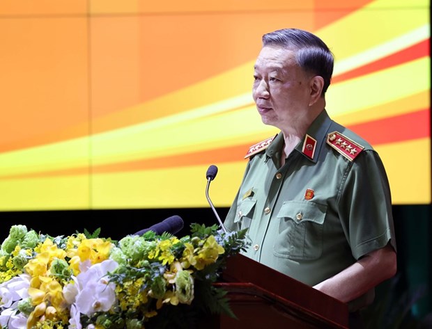 Đại tướng Tô Lâm, Ủy viên Bộ Chính trị, Bí thư Đảng ủy Công an Trung ương, Bộ trưởng Bộ Công an phát biểu khai mạc. (Ảnh: Thống Nhất/TTXVN)