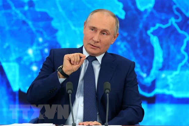 Tổng thống Nga Vladimir Putin trong cuộc họp báo cuối năm thường niên. (Ảnh: AFP/TTXVN)
