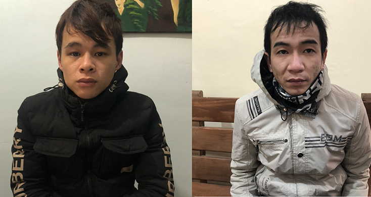 2 đối tượng Huỳnh Huy Lộc (áo đen) và Nguyễn Hải Dương.