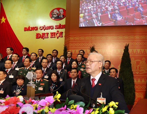  Đồng chí Nguyễn Phú Trọng, Tổng Bí thư BCHTW khóa XIII, Chủ tịch nước CHXHCN Việt Nam đọc Diễn văn bế mạc Đại hội. (Ảnh: TTXVN)