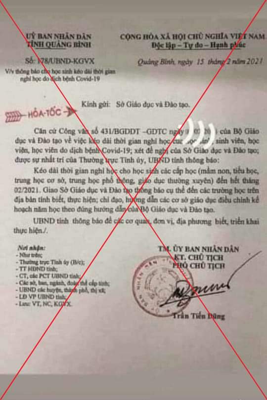 Văn bản giả mạo được chia sẻ trên mạng xã hội vào tối 19-2.