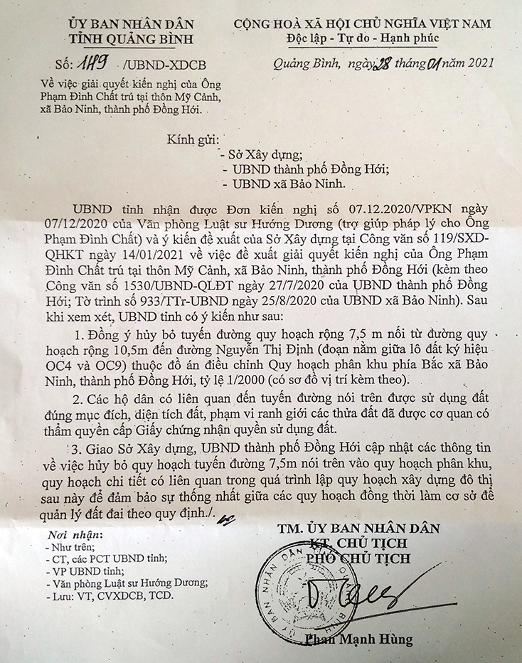 Công văn chỉ đạo gỡ vướng “quy hoạch treo” của UBND tỉnh do Phó Chủ tịch UBND tỉnh Phan Mạnh Hùng ký