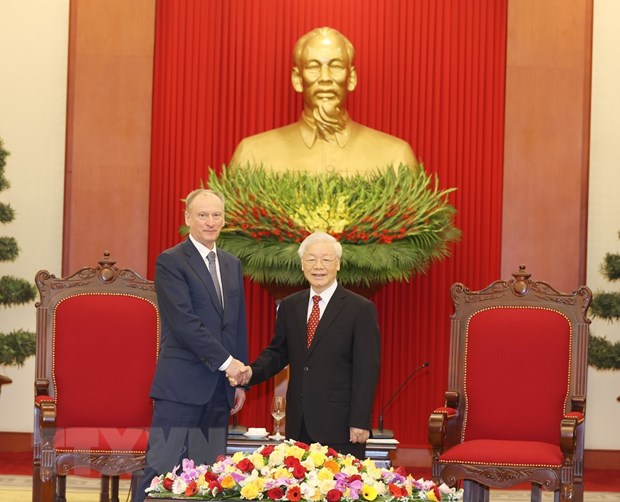 Tổng Bí thư, Chủ tịch nước Nguyễn Phú Trọng tiếp Đại tướng Nikolai Patrushev, Thư ký Hội đồng An ninh Liên bang Nga. (Ảnh: Trí Dũng/TTXVN)