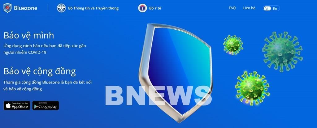 Ứng dụng Bluezone được Bộ Thông tin và Truyền thông, Bộ Y tế ra mắt. Ảnh: BNEWS/TTXVN