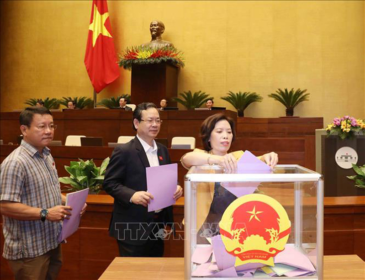 Đại biểu Quốc hội bỏ phiếu miễn nhiệm Phó Chủ tịch nước, một số ủy viên Ủy ban Thường vụ Quốc hội, Chủ nhiệm một số Ủy ban của Quốc hội, Tổng Thư ký Quốc hội, Tổng Kiểm toán nhà nước.  Phương Hoa (TTXVN)