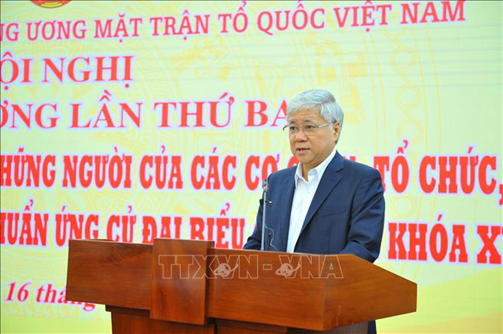 Đồng chí Đỗ Văn Chiến, Bí thư Trung ương Đảng, Bí thư Đảng đoàn, Chủ tịch Ủy ban Trung ương MTTQ Việt Nam phát biểu tại hội nghị. Ảnh: Minh Đức/TTXVN