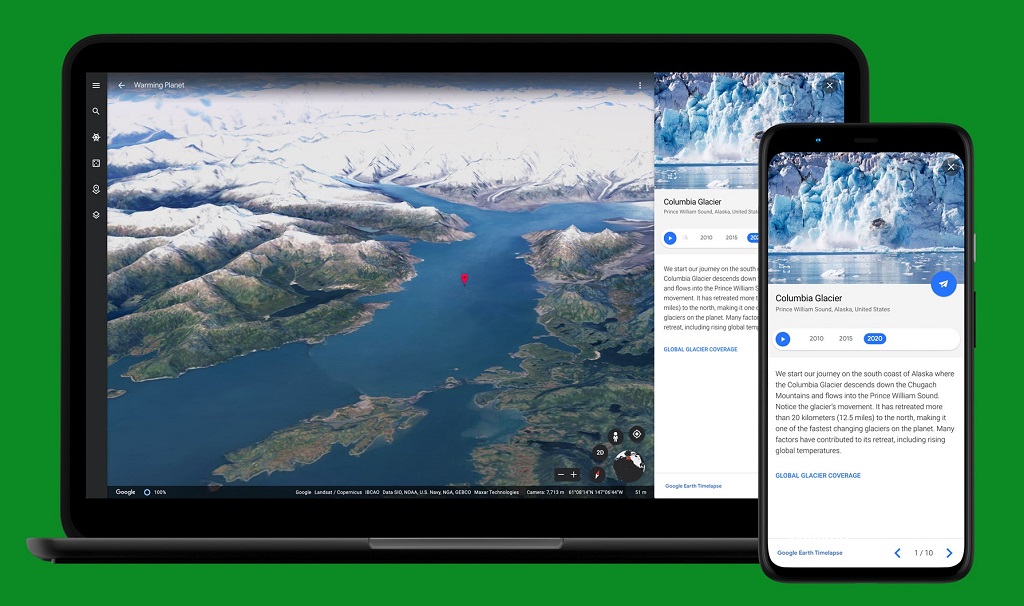 Tính năng tua nhanh thời gian trên máy tính để bàn và thiết bị di động của Google Earth hiện đã có trên toàn thế giới. ẢNH: GOOGLE.