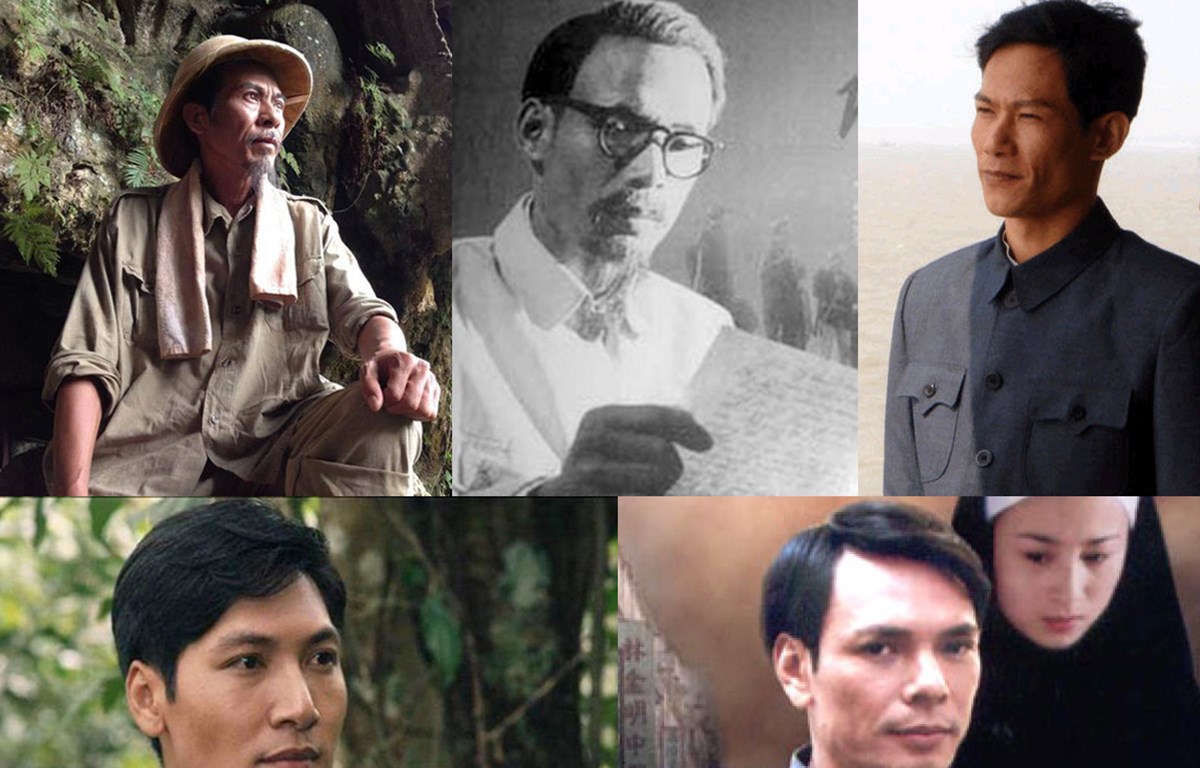 (Từ trái sang, trên xuống) NSND Bùi Bài Bình trong Nhà tiên tri, NSƯT Tiến Hợi trong Hà Nội - Mùa Đông năm 46, Minh Hải trong Vượt qua bến Thượng Hải, Mạnh Trường trong Thầu Chín ở Xiêm và NSƯT Trần Lực trong Nguyễn Ái Quốc ở Hông Kông. (Ảnh tư