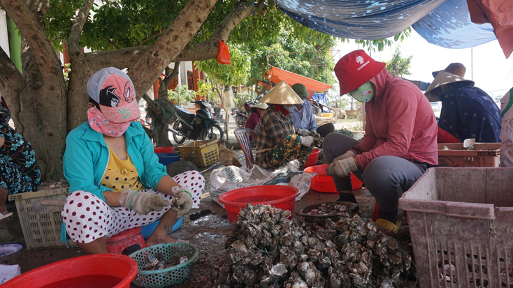 Người dân thị trấn Quán Hàu cạy hàu để bán cho các nhà hàng, quán ăn đặc sản.