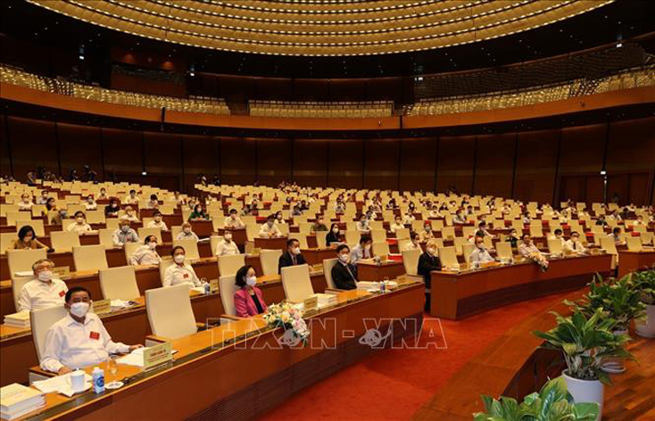 Tổng Bí thư Nguyễn Phú Trọng, Chủ tịch nước Nguyễn Xuân Phúc, Thủ tướng Chính phủ Phạm Minh Chính, Chủ tịch Quốc hội Vương Đình Huệ và các đại biểu dự khai mạc hội nghị. Ảnh : Trí Dũng/TTXVN