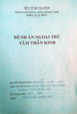 Bệnh án ngoại trú tâm thần kinh của Nguyễn Nhật hiện đang lưu giữ tại Trung tâm Y tế TP. Đồng Hới.