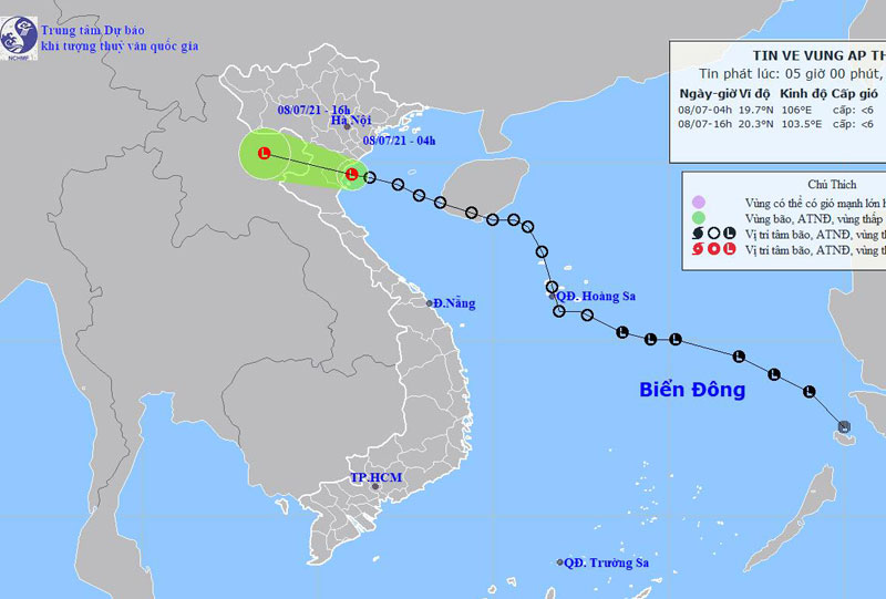 Vị trí và hướng di chuyển của vùng áp thấp. (Nguồn: nchmf.gov.vn)